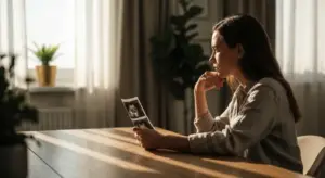 Mulher lendo laudo médico iluminado por luz natural suave