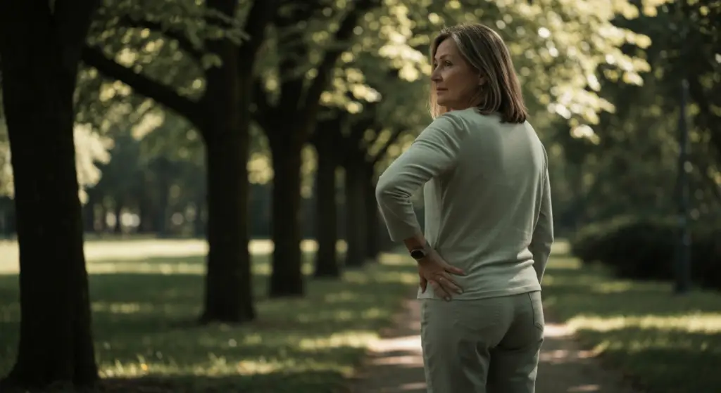 Mulher madura em trilha arborizada contemplando natureza sob luz suave