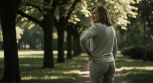 Mulher madura em trilha arborizada contemplando natureza sob luz suave