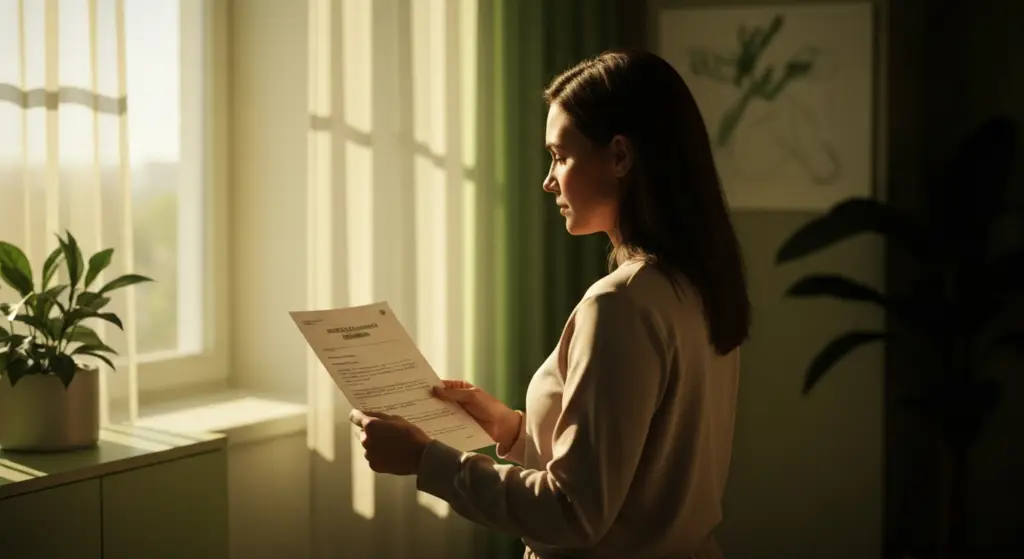 Mulher lendo laudo médico iluminado por luz natural suave