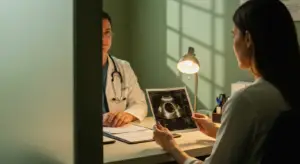 Médica explicando tratamento para pólipo uterino para uma paciente.