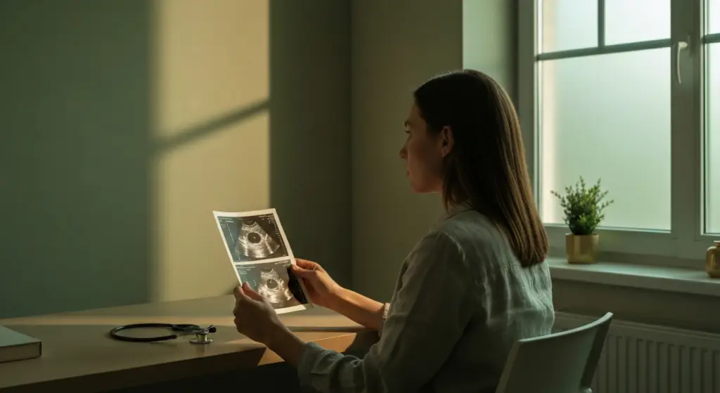 Mulher lendo laudo médico iluminado por luz natural suave