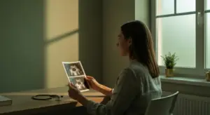 Mulher lendo laudo médico iluminado por luz natural suave