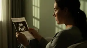Mulher em sala com luz natural analisando imagem de ultrassonografia com mioma