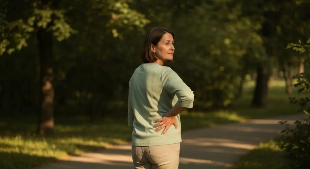 Mulher madura em trilha arborizada contemplando natureza sob luz suave