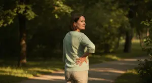 Mulher madura em trilha arborizada contemplando natureza sob luz suave