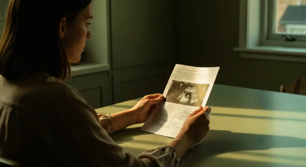 Mulher lendo laudo médico iluminado por luz natural suave