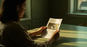 Mulher lendo laudo médico iluminado por luz natural suave