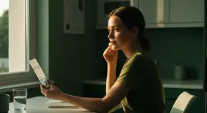 Mulher segurando implante hormonal iluminado por luz natural suave